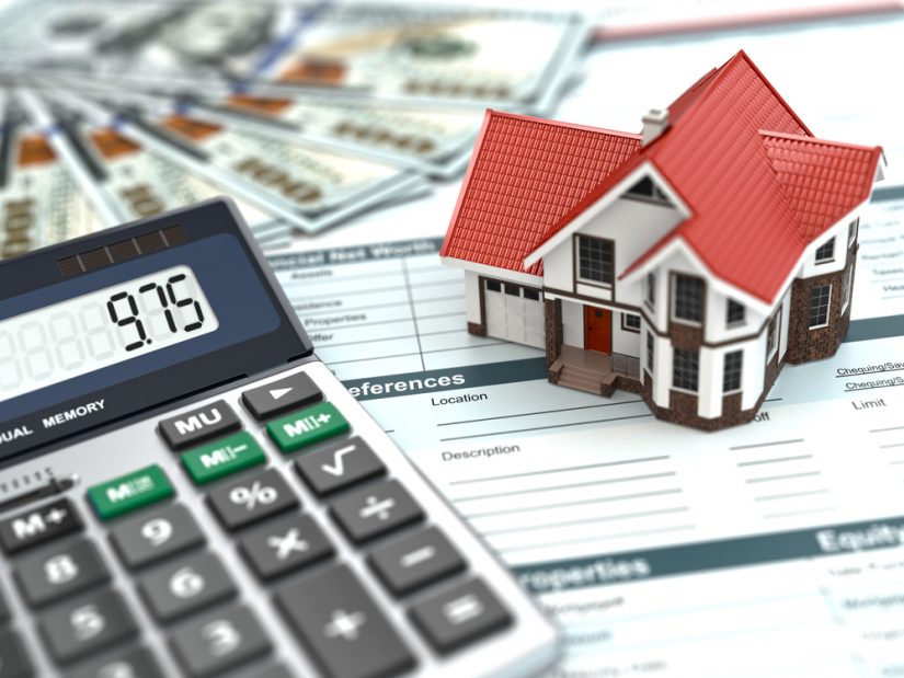 Mortgage calculator. House, noney and document.
